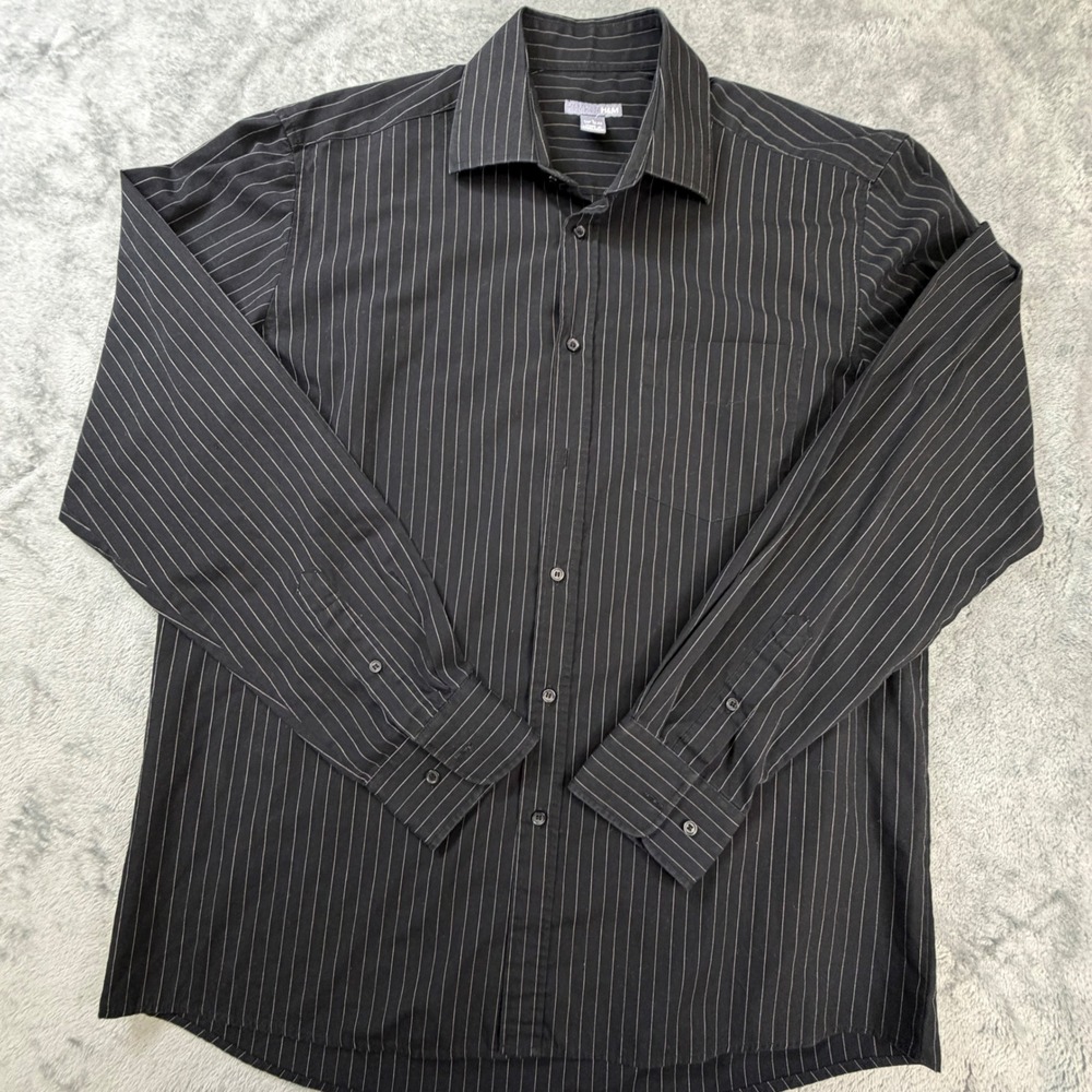 HM Mens L Black Pinstripe Long Sleeve Button Down Shirt 16.5‎ Neck 853680